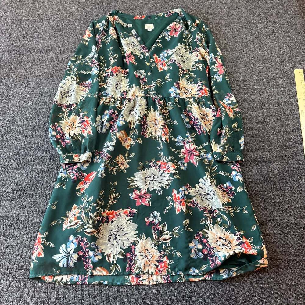 A New Day Floral Dress Size L Green Long Sleeve V-Neck
